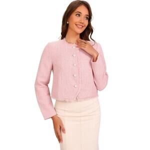 NWT Allegra K Plaid Tweed Cropped Button Up Elegant Work Blazer Jacket sz L